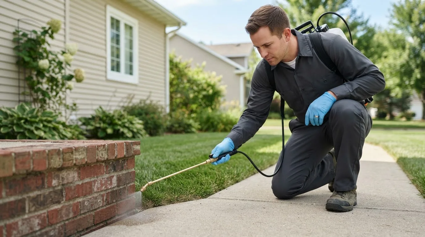 Pest control technician treating a home near Greenville, MI