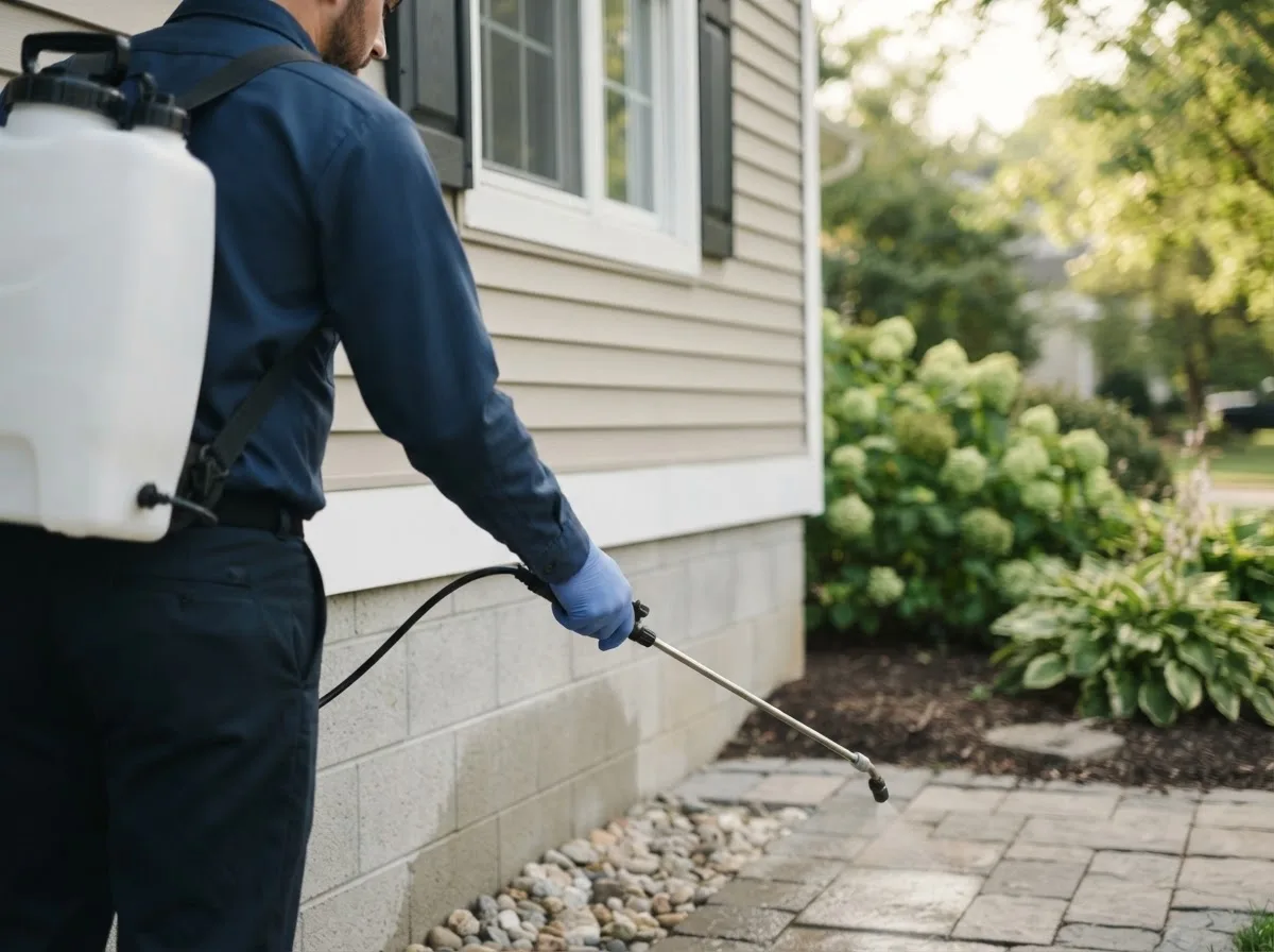 Pest control technician inspecting a home in Greenville, MI